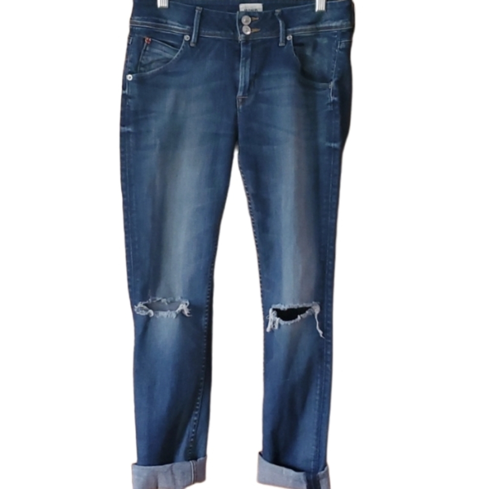 Hudson‎ Womans Collin Midrise Skinny with Raw Hem Blue Distressed Jeans Size 28